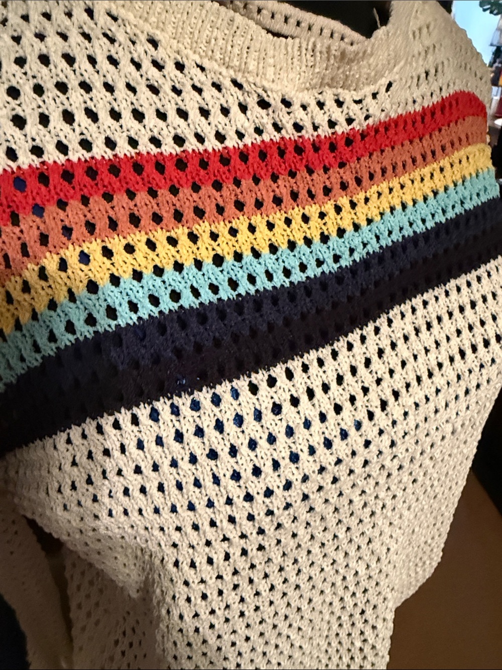 Cream Open-Knit Sweater with Rainbow Stripe Detail - Picture 5 of 6